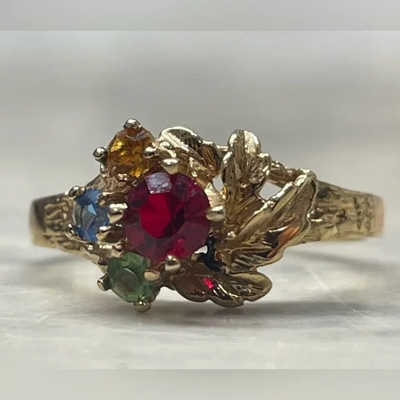 Vintage Gold plated MultiGemstone Ring 7 Ruby Red Citrine Blue Green Leaf Design - Picture 2 of 13